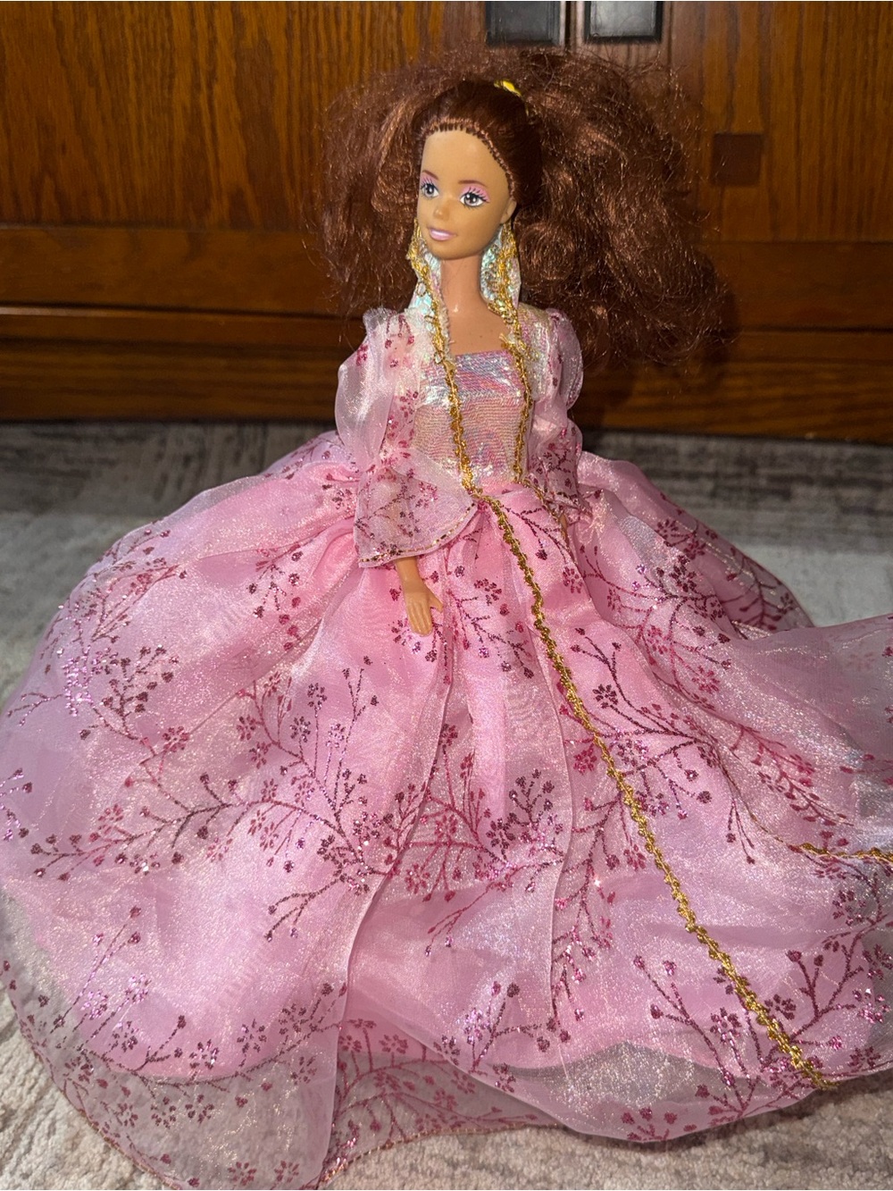 Barbie Mattel auburn hair pink/gold fancy gown with hoop skirt